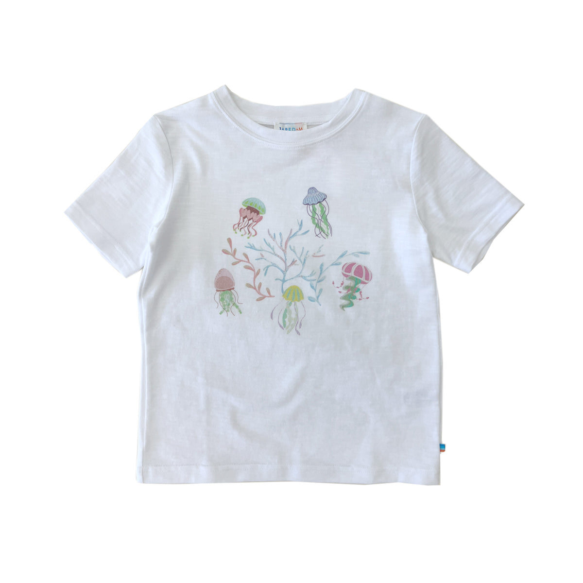 White t-shirt with colorful jellyfish design on a white background