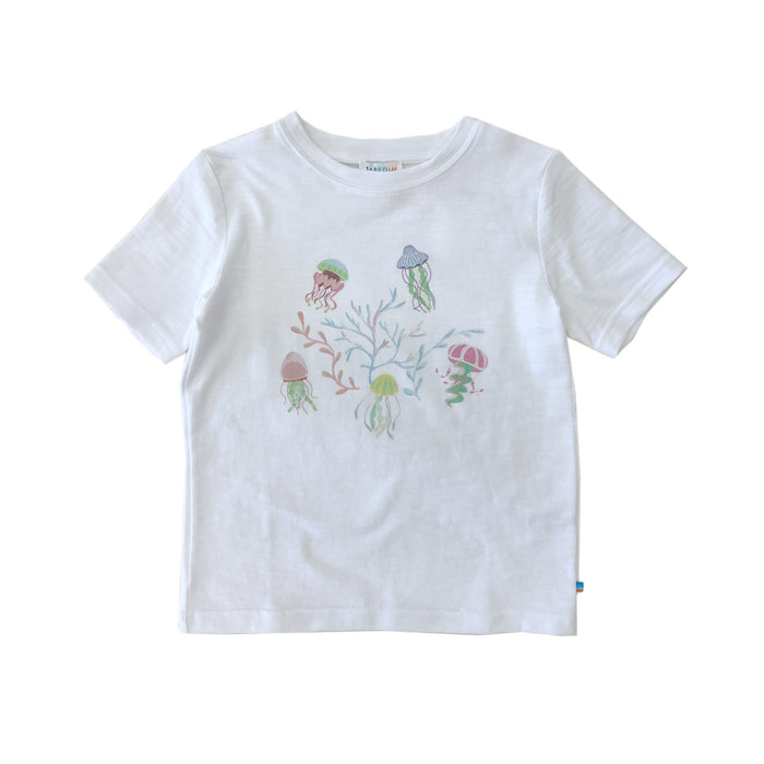 White t-shirt with colorful jellyfish design on a white background