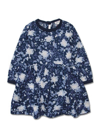 Girl's LS Floral Print Dress with Contrast Neck Trim