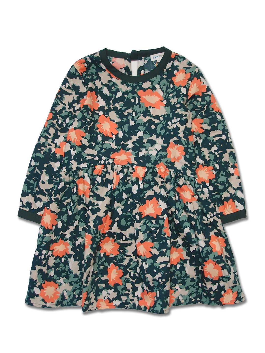 Girl's LS Floral Print Dress with Contrast Neck Trim