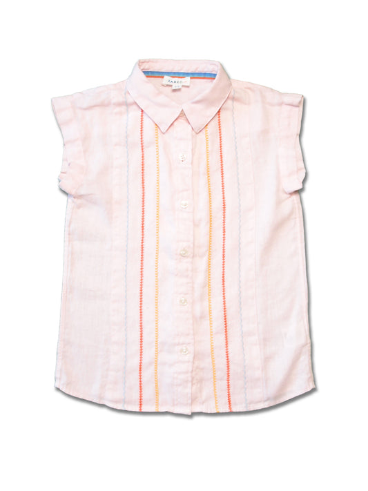 Girl SS Blouse - Solid Linen with Contrast Stitches at front - My Little J