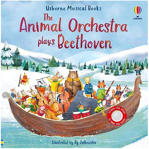 My Little J The Animal Orchestra Plays Beethoven musical board book featuring illustrated animals in a boat
