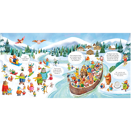 My Little J The Animal Orchestra Plays Beethoven board book spread featuring colorful animals in a snowy landscape