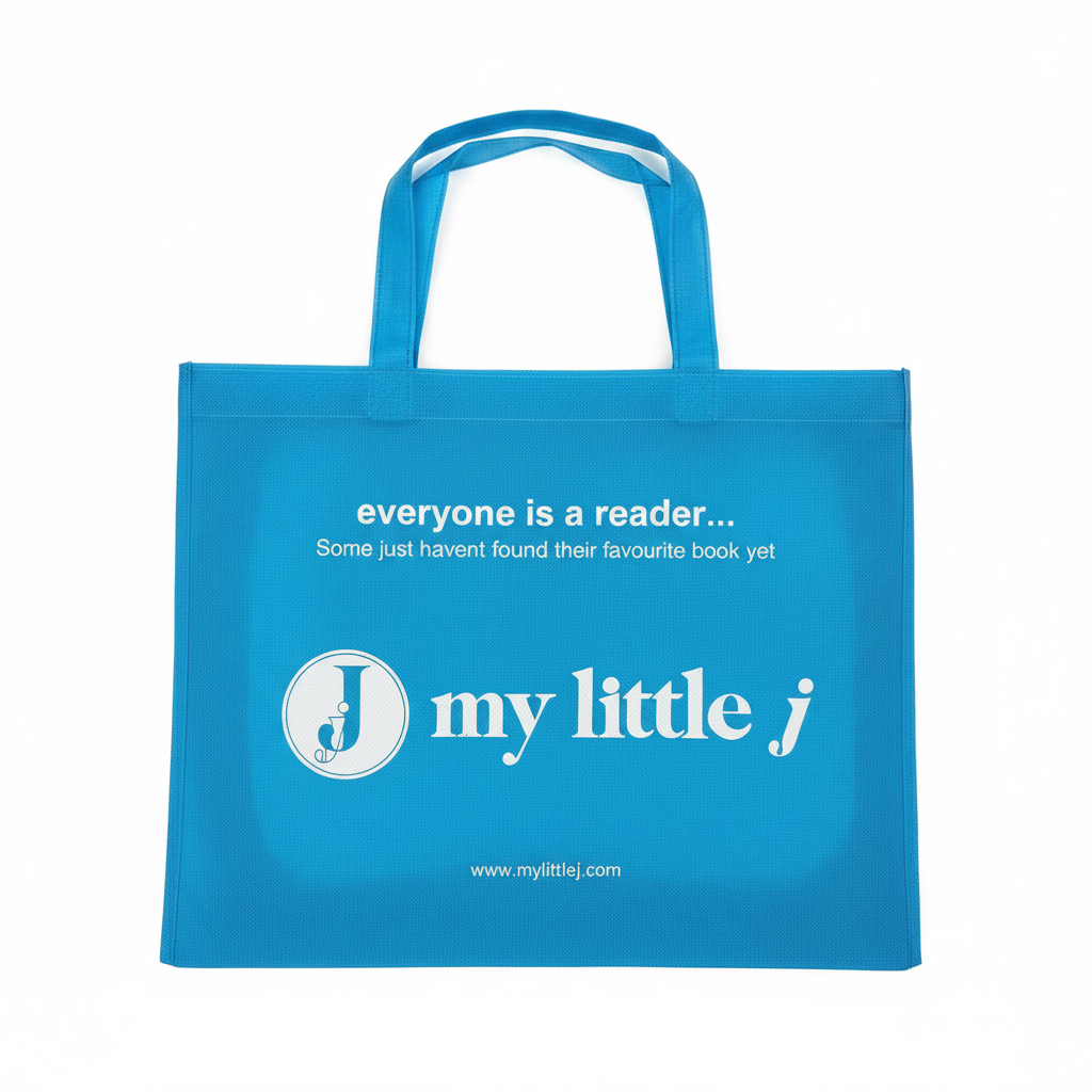 My Little J blue reusable tote bag with white text and logo on a white background