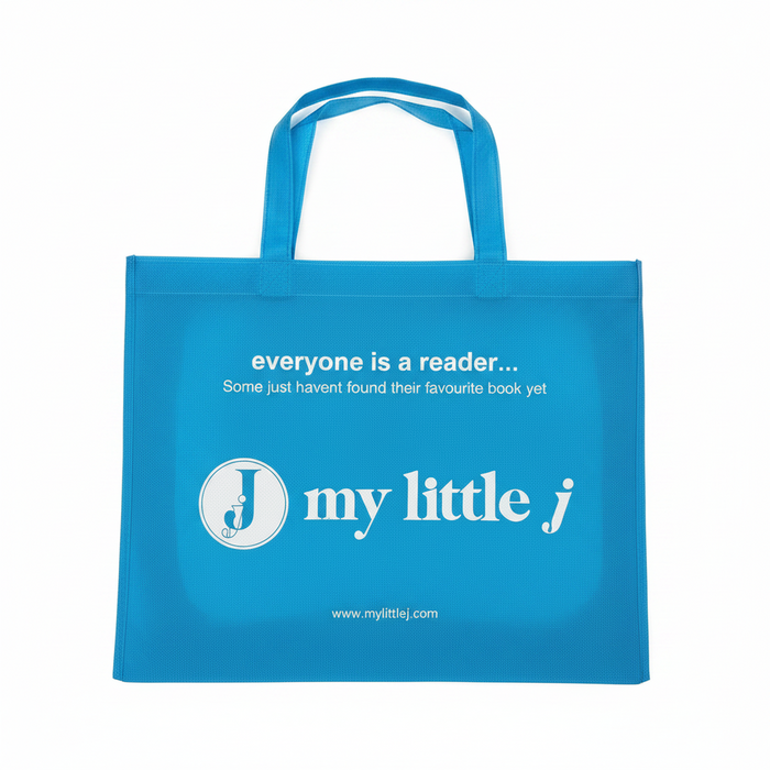 My Little J blue reusable tote bag with white text and logo on a white background