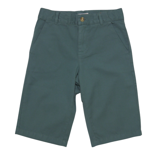 My Little J boys solid green cotton twill shorts with a button closure and side pockets