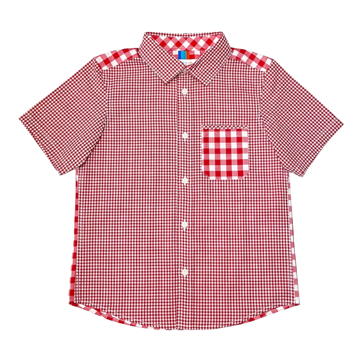 My Little J boy's short sleeve red and white gingham check shirt with a spread collar and chest pocket