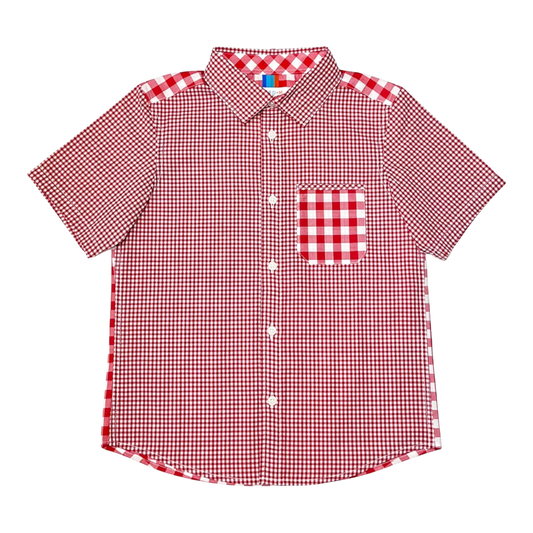 My Little J boy's short sleeve red and white gingham check shirt with a spread collar and chest pocket