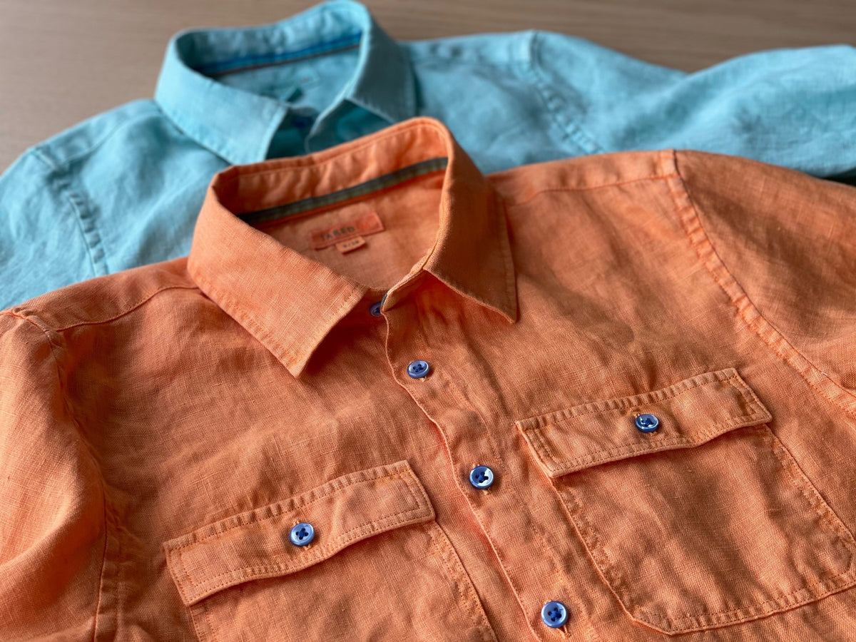 L/S Regular Fit Double Chest Pocket Garment Dye Linen Shirt / Orange / 5 - 6