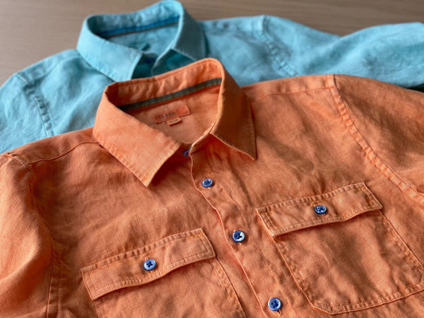 L/S Regular Fit Double Chest Pocket Garment Dye Linen Shirt / Orange / 5 - 6