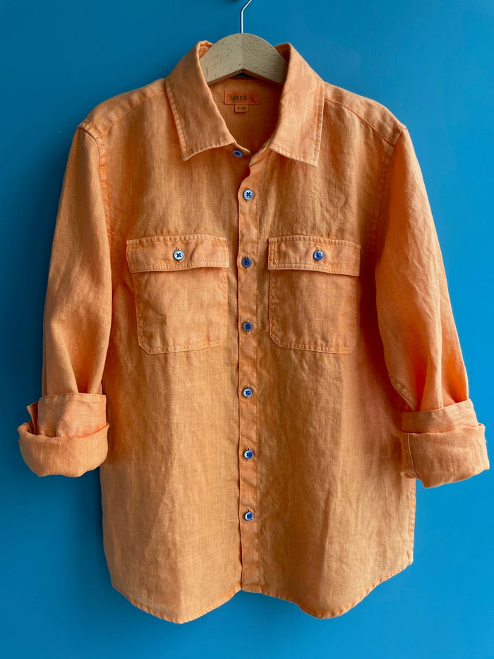 L/S Regular Fit Double Chest Pocket Garment Dye Linen Shirt / Orange / 5 - 6